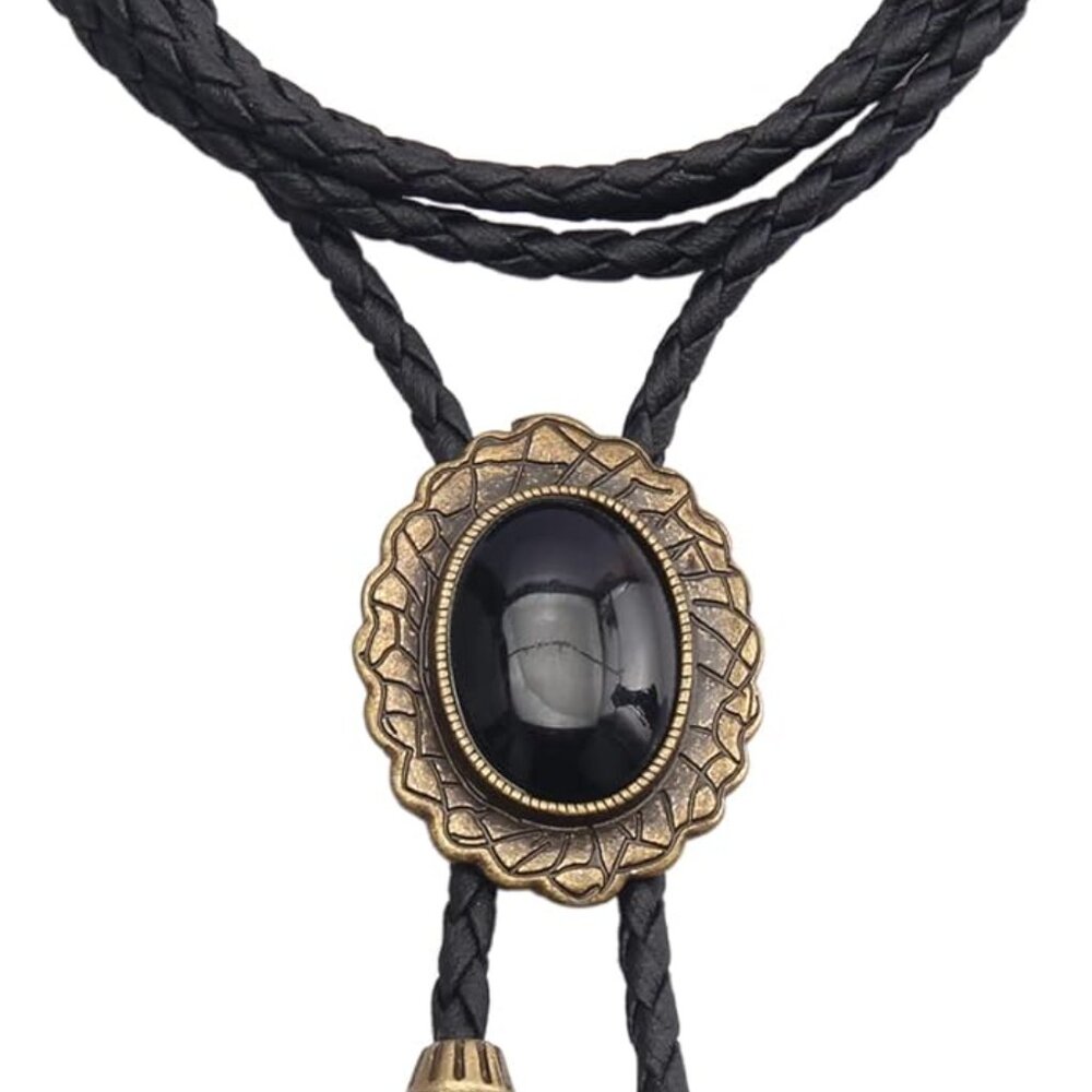 Black Stone & Antique Gold Bolo Tie - Men's Accessory